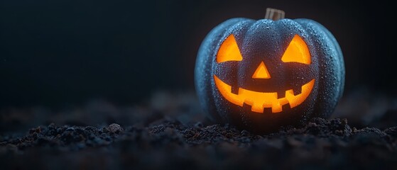  A jack-o-lantern pumpkin atop black rocks, dripping with water droplets