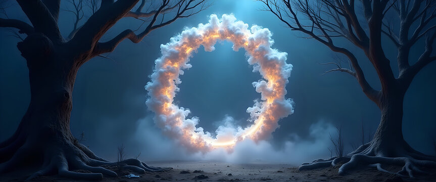  Mystical glowing ring floating between trees at night - Powered by Adobe