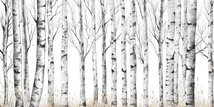 Birch tree background for wallpaper mural. Birch forest wall mural pattern background for interior design. Scandinavian wallpaper