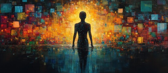 A silhouetted figure stands in water, illuminated by a vibrant, colorful background.