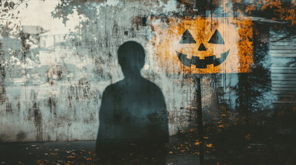 haunting double exposure captures Halloween sign with shadowy figure, evoking mysterious and eerie atmosphere. blend of autumn leaves enhances seasonal feel
