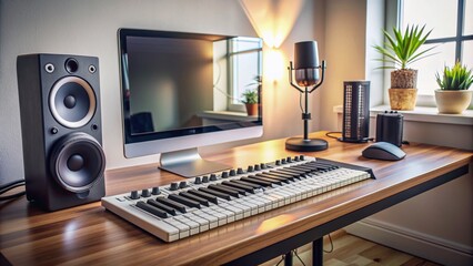 Professional podcasting setup with modern keyboard, high-resolution monitor, and sleek speakers on a clean desk, ideal for recording and audio production purposes.