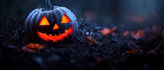  A jack-o-lantern pumpkin sits on the ground amidst a field of grass and surrounds it with autumn leaves