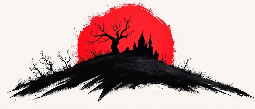  A painting of a castled crown atop a hill, encircled by trees Behind it, a resonant red moon hangs in the sky