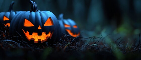  A collection of jack-o-lanterns atop a grassy field, facing a forest