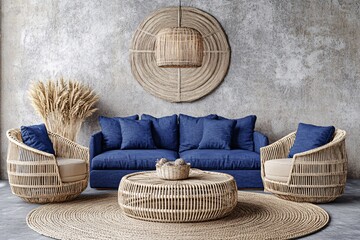 Boho Chic Living Room with Wicker Furniture and Woven Rug