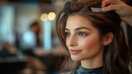 Naklejka premium Hairdresser combing hair of young woman at salon. Concept of beauty, hair care, styling, and fashion