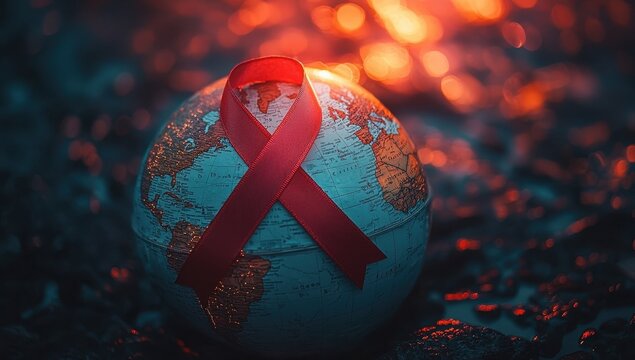Globe with red ribbon on a dark background with fire. World AIDS Day concept.
