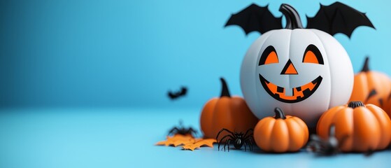  A Jack-o-lantern with bats and surrounding pumpkins on a blue surface against a blue backdrop