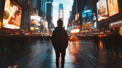 Standing Amidst the Vibrant Lights of Times Square: A Captivating Evening Scene in the Heart of New York City