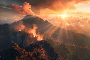Fototapeta premium A mountain range with a volcano in the middle and a sun shining on it
