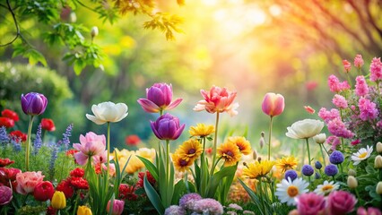 Fototapeta premium A blooming garden with vibrant flowers and lush greenery against a soft pastel-colored spring background, flowers, nature scenery, foliage