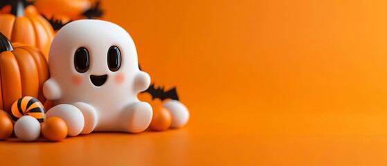  A ghost sits before a cluster of pumpkins against an orange backdrop, with a black-and-white specter emerging in the foreground