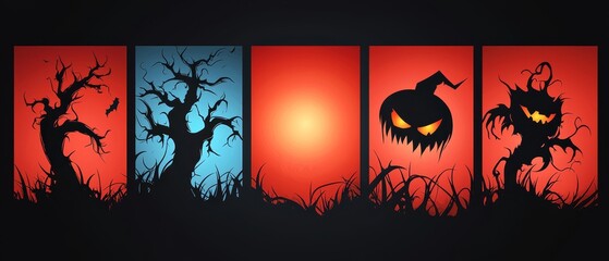 pumpkins and jack-o-lantern against red, blue, and black backdrop