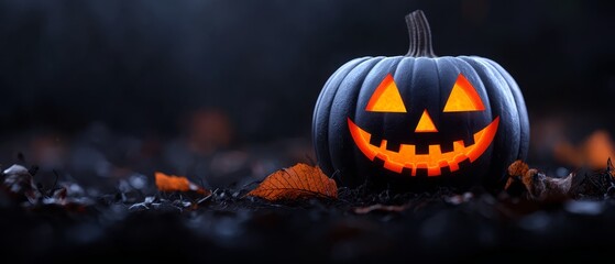  A jack-o-lantern pumpkin sits on the ground, its eyes -- open and glowing in the darkness