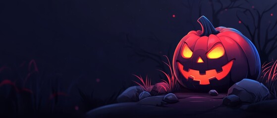  A jack-o-lantern in the dark with glowing eyes In the foreground, a pumpkin gleams