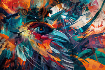 A colorful painting of a bird with a large eye and a long tail
