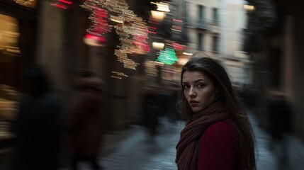 Diverse group of friends enjoying Christmas shopping in Barcelona, featuring Latin American and Polish models amidst vibrant holiday decorations, creating a festive and joyful atmosphere