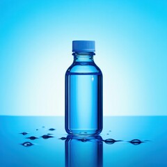 Blue glass dropper bottle with water splash on a blue background