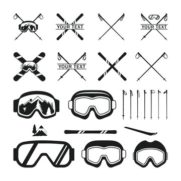 Snow ski poles icon set with snowboard. Mountain skier ski vector icon. ski glasses and crossed ski pole vector illustration. Vector set Silhouette of a skier in winter.
