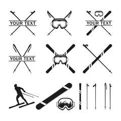 Snow ski poles icon set with snowboard. Mountain skier ski vector icon. ski glasses and crossed ski pole vector illustration. Vector set Silhouette of a skier in winter.