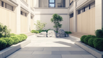 Modern Chinese Courtyard with Zen Rockery, Natural Lighting