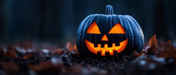  A jack-o-lantern pumpkin sits in the field's center, surrounded by autumn leaves The forest backdrop looms in the distance