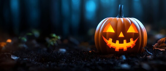  A jack-o-lantern pumpkin sits in the forest's heart, its face aglow