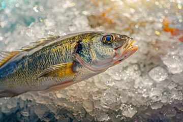 A fish is on ice with a blue and yellow color