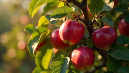 Obraz premium Fresh red apples hanging on tree branch surrounded by green leaves