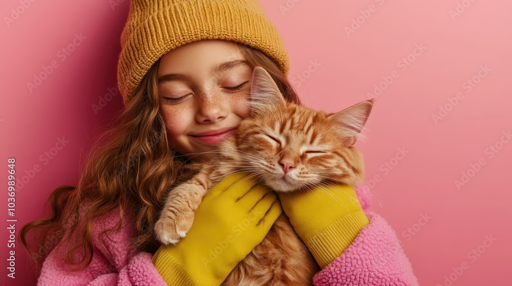 Wall mural A joyful girl wearing a yellow beanie embraces her blissful ginger cat closely, conveying deep love. She sports a pink fleece jacket against a warm pink background.