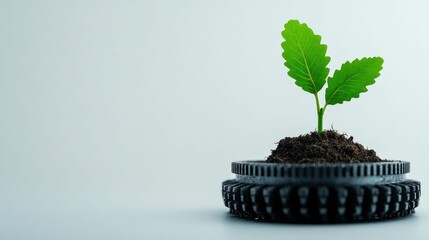 Green Seedling Growing from Stack of Tires