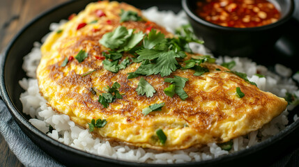 Thai Omelette on Rice with Fresh Herbs and Spicy Dipping Sauce - A crispy Thai-style omelette served over steamed white rice, garnished with fresh herbs.