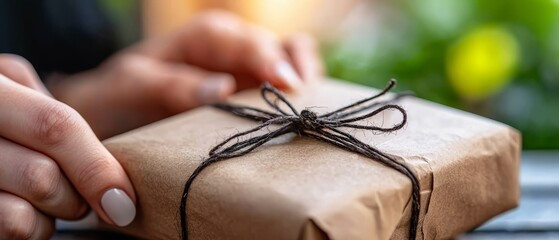  A woman's hands cradle a gift-wrapped box The present is adorned with a warm, brown ribbon and a bow atop