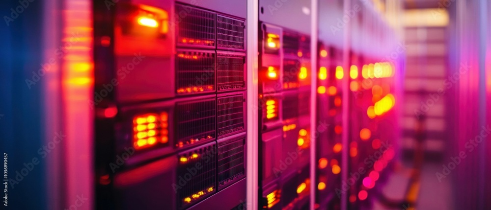 Poster data center server racks with illuminated panels