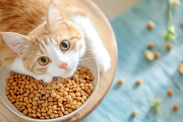 A playful ginger cat lounging in a bowl of kibble, showcasing its curiosity and charm in a cozy setting.