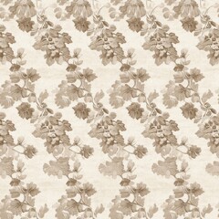 Vintage Damask grapevine pattern on vintage beige fabric background, seamless repeating pattern,...