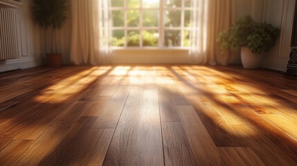 A beautifully maintained wooden floor in a cozy, well-lit living room. the floor has a natural, warm hue and a glossy finish that highlights the wood grain