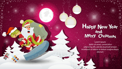 Fototapeta premium Illustration of the New Year and Christmas a snake and Santa Claus on a snowboard in a snowy clearing among the trees