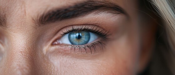 Naklejka premium A tight shot of a woman with long blonde hair and blue eyes Her piercing blue gaze is fixed on the camera, accentuated by blue eyeshadow