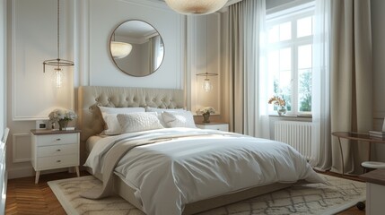 An elegant Scandinavian bedroom with a double bed an upholstered headboard