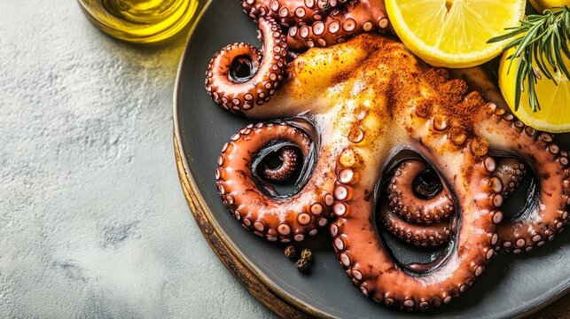 Delicious grilled octopus served with aromatic spices and fresh lemon on a stylish gray background, showcasing the essence of gourmet seafood, inviting culinary enthusiasts to explore exquisite dish