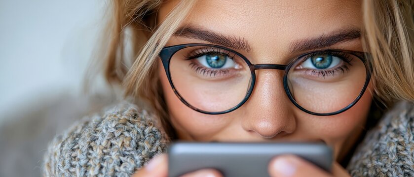  A tight shot of someone in glasses, gaze fixed on cell phone, eyes wide with surprise
