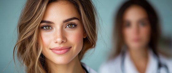  A woman in a coat holds a stethoscope Another woman nearby is poised, also holding a stethoscope at the ready