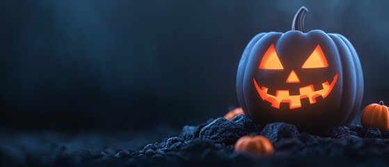  A jack-o-lantern pumpkin rests atop a rocky mound Behind it, a jack-o-lantern glows