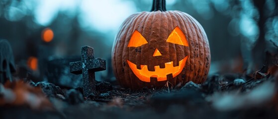  In a graveyard, find a jack-o-lantern pumpkin with its intricately carved face at its center, surrounded by tombstones
