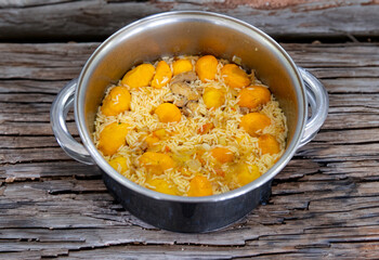 Traditional Brazilian dish chicken with pequi (caryocar brasiliense) and rice