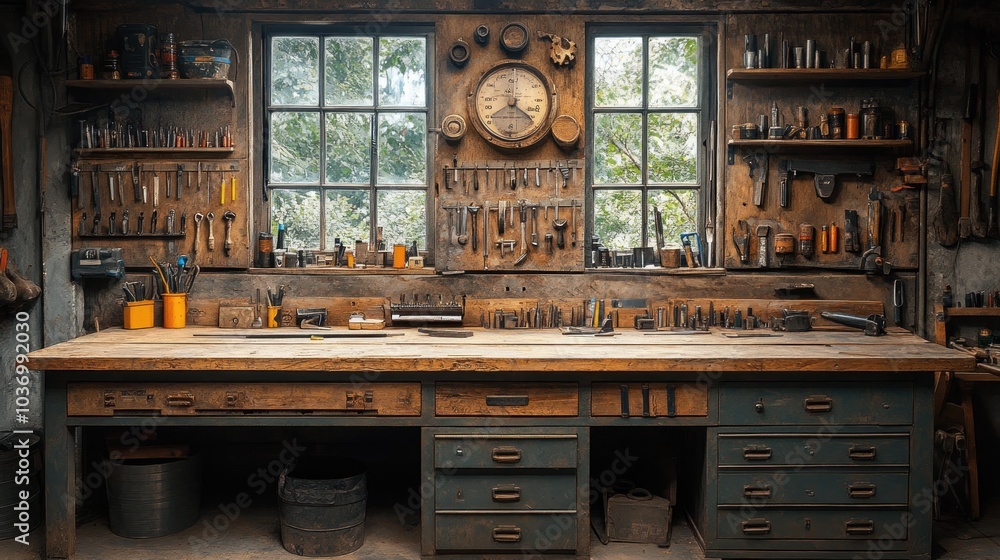 Poster a rustic workshop filled with tools, showcasing a functional workspace for craftsmanship.
