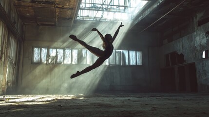 Elegance in Motion: A Dancer's Graceful Leap Illuminated by Sunlight in an Abandoned Warehouse