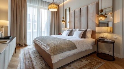 An elegant Scandinavian bedroom with a double bed an upholstered headboard